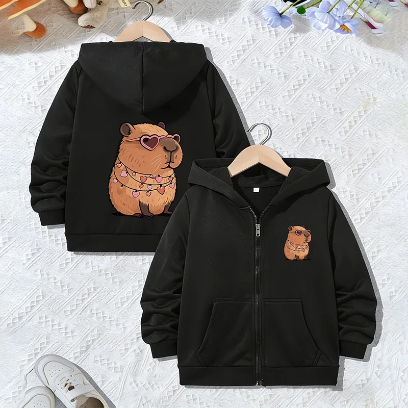 Streetwear Zip Up Hoodie Graphic Capybara Jacket for Boys Girls Zipper Spring Autumn Trendy Animal Cartoon Sweatshirts