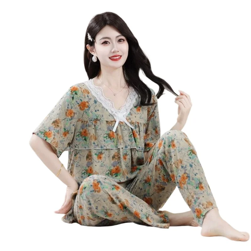 Middle-aged and Elderly Summer New Short-sleeved Loose Outer Wear Home Two-piece Set Mom Summer Fashion Cotton and Silk Suit