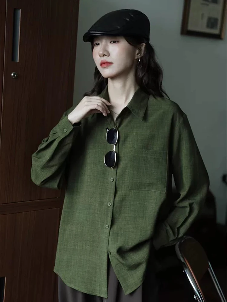 Vintage Green Shirt Women Korean Chic Fashion Long Sleeve Tops Harajuku All Match Solid Casual Office Ladies Elegant Blouse New