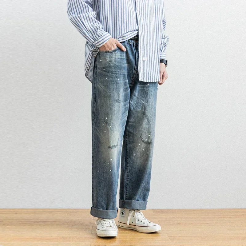 Water Wash Splash Paint Dot Moustache Effect  Hole Make Old Straight Tube Men's Versatile Jeans Trendy