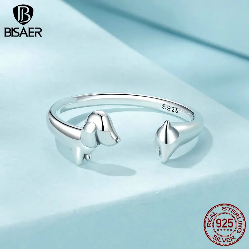 BISAER-Bague ouverte teckel en argent regardé 100% pour femme, bande de chien de compagnie mignon, taille réglable 5-9, bijoux fins de fête, ECR1033, 925