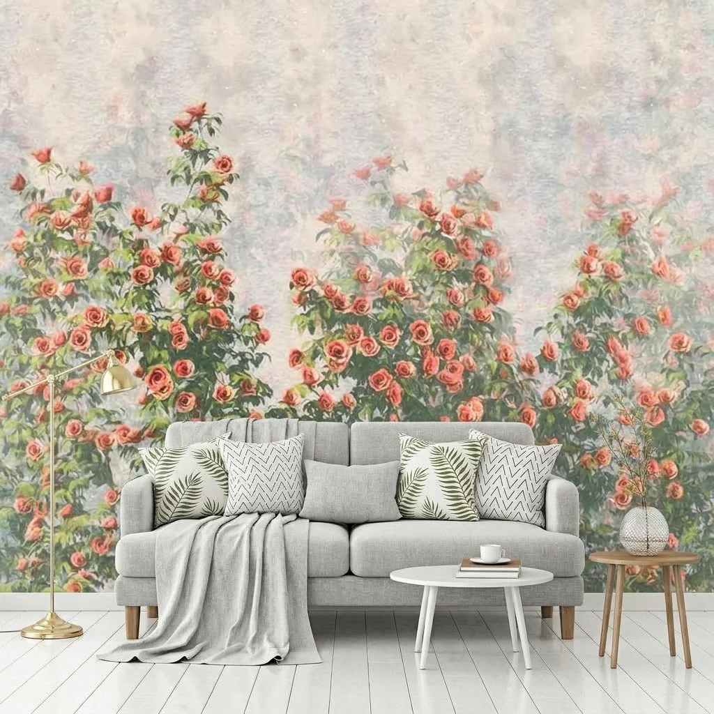 Full-wall rose pattern, custom mural, made of removable custom adhesive material suitable for bedroom and living room.