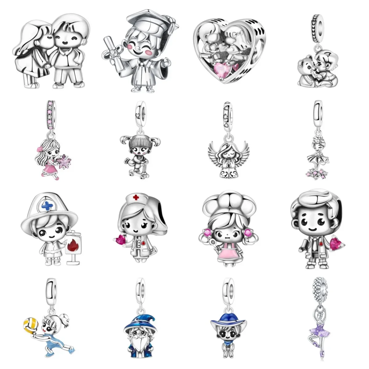 Couple Angel Dancer Cartoon Doll Original Charms Silver Plated Beads Fit Bracelets Bag Keychain Charms Diy Women Gift Accessory