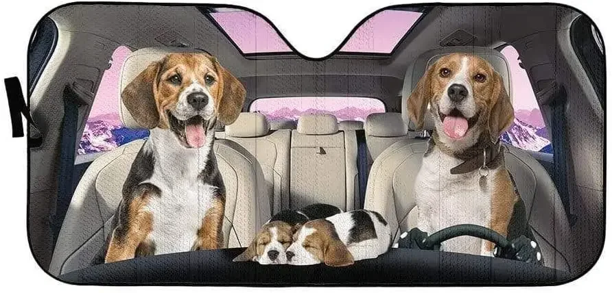 Beagle Smiley Dog Family Sleepy Puppy Mountain Scenery Car Sunshade, Funny Beagle Family Driving On Mountain Auto Sun Shade, Bea