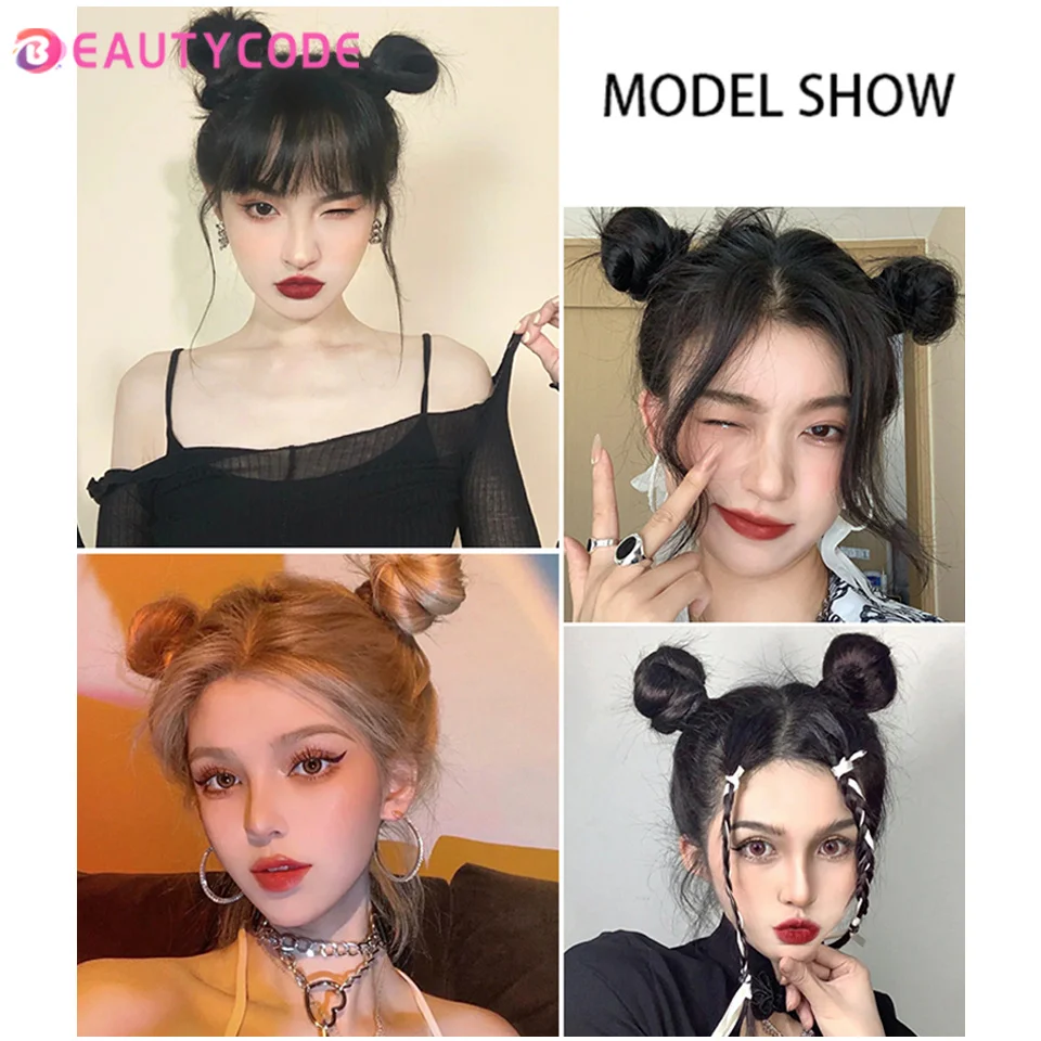 BEAUTYCODE 합성 클립온 헤어 번 탄성 밴드, 지저분한 치뇽 익스텐션 스크런치 헤어피스, 여성 및 어린이용