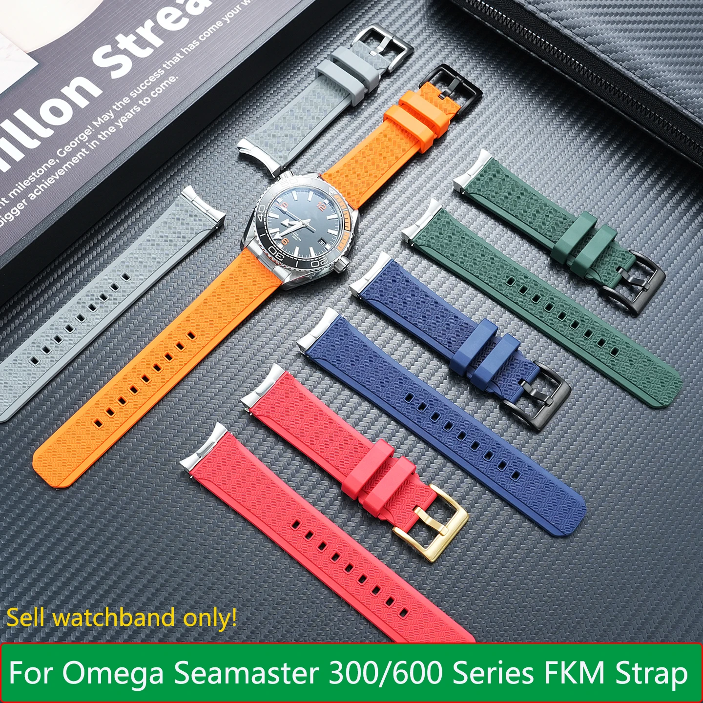 

20 21 22mm Fluororubber Strap For Omega Seamaster 300 Ocean Universe 600 Quarter Orange Series Strap with Curved Metal Adapter