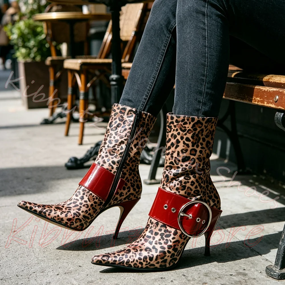 Women Leopard Print Ankle Boots Pointed Toe Stiletto Heel Leather Side Zipper Big Buckle Fashion Winter Autumn Mixed Color New