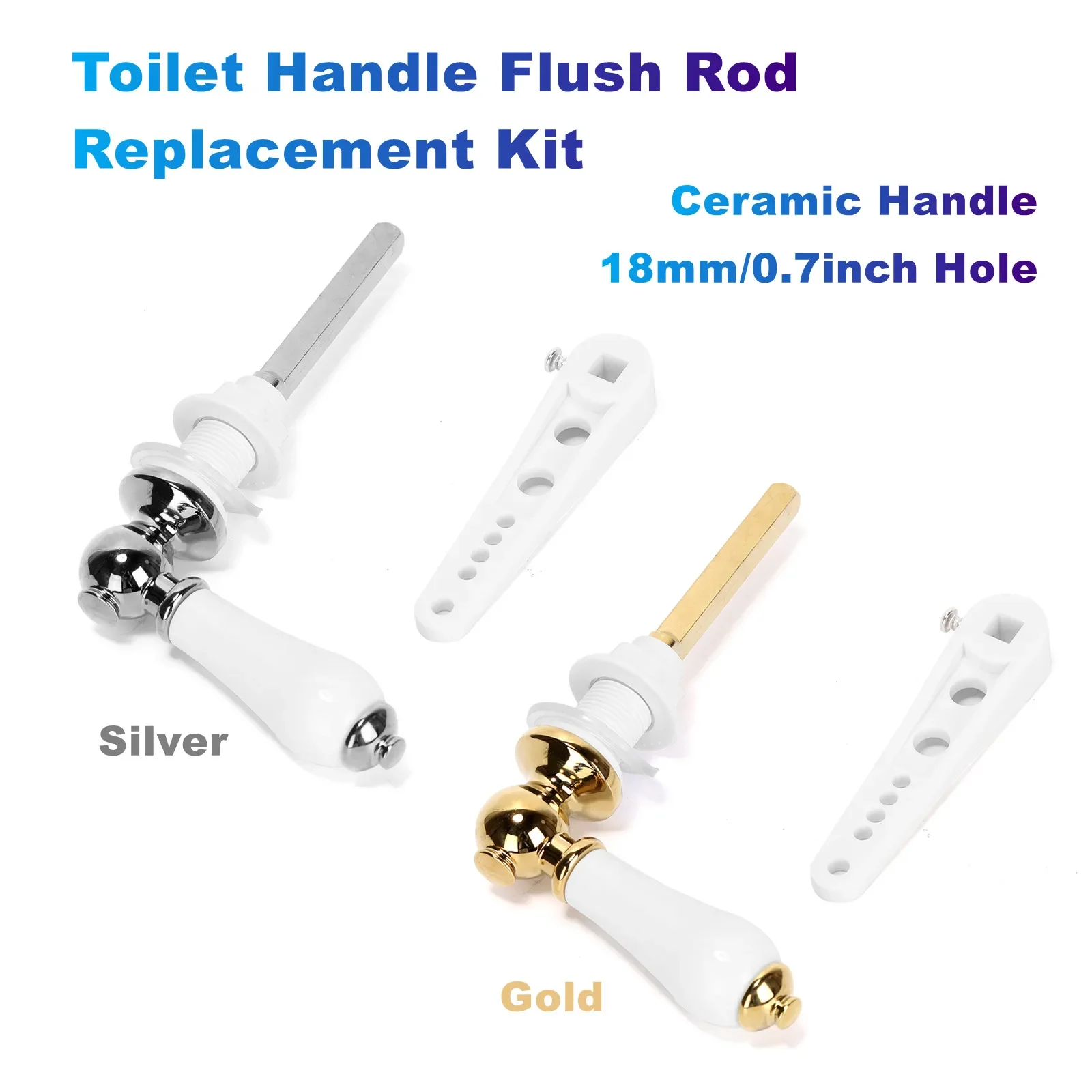 

Toilet Handle Flush Rod Replacement Kit Ceramic Pull Handle 18mm/0.7inch Hole (Silver/Gold) for Most Toilet Tank Lids