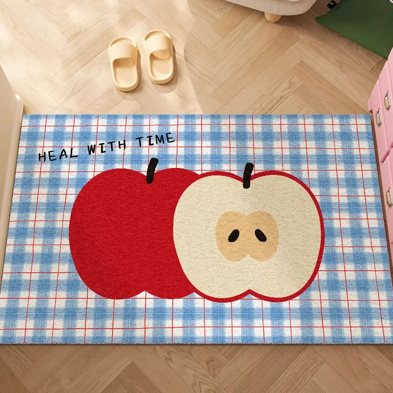 VIKAMA Stylish Blue Plaid Red Apple Bath Rug, Cozy Fluffy Non-slip Mat, Washable Rug For Indoor Household Bathroom Door