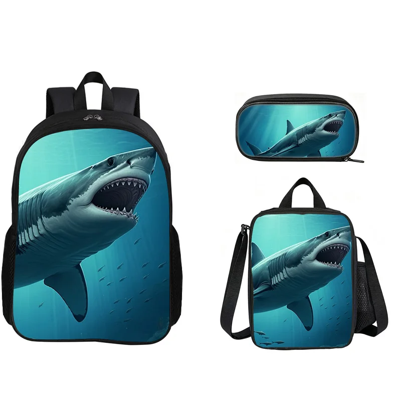 Shark 3Pcs Set Backpack for Kids Boys Girls Students School Bag with Lunch Bag Pencil Case Lightweight Large Capacity