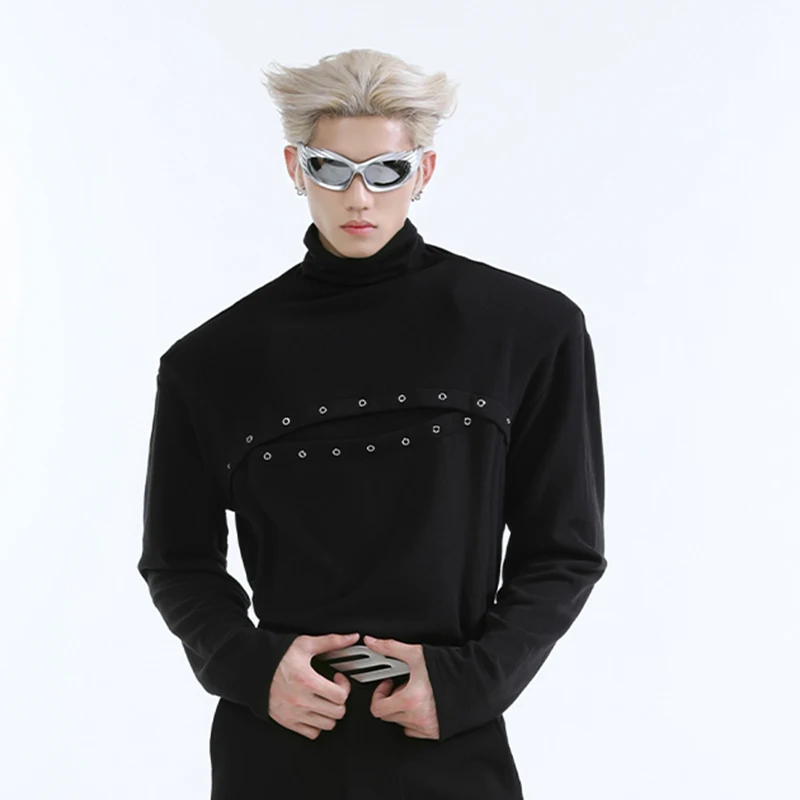 FEWQ Niche Deconstruction Metal Decoration High Collar Long Sleeved Street 2024 Solid Color Male Tops Korea Fashoin 24E2237