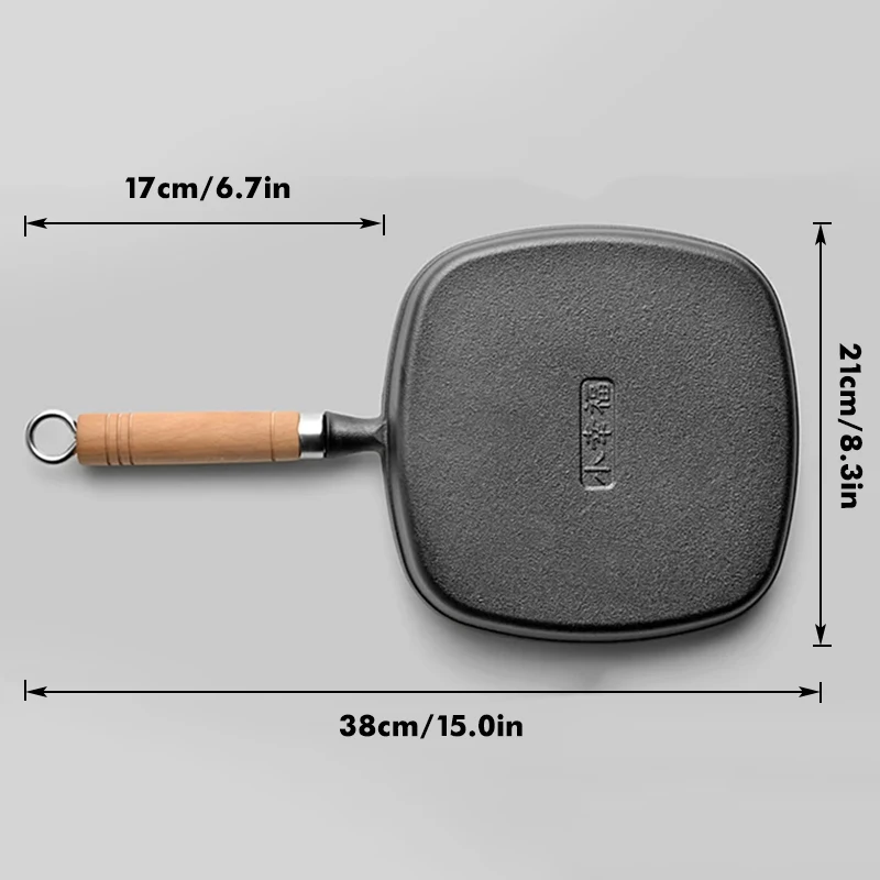 Cast Iron Square Grill Pan with Wooden Handle, Grill Pan for Stove Tops, Durable Skillet for Indoor & Outdoor Grilling