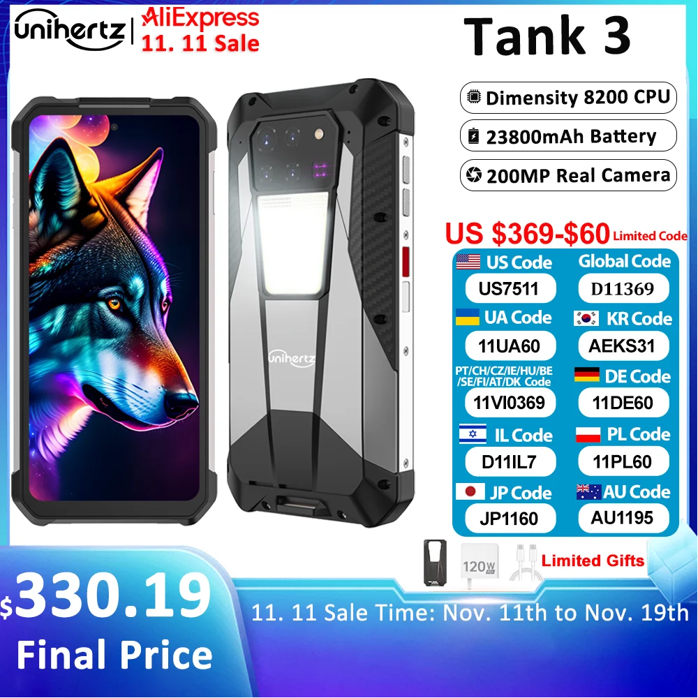Unihertz 8849 Tank 3 by Smartphone 5G 32GB+512GB  200MP 120Hz 23800mAh 120W Charger Cell Phone Dimensity 8200 Mobile Phone