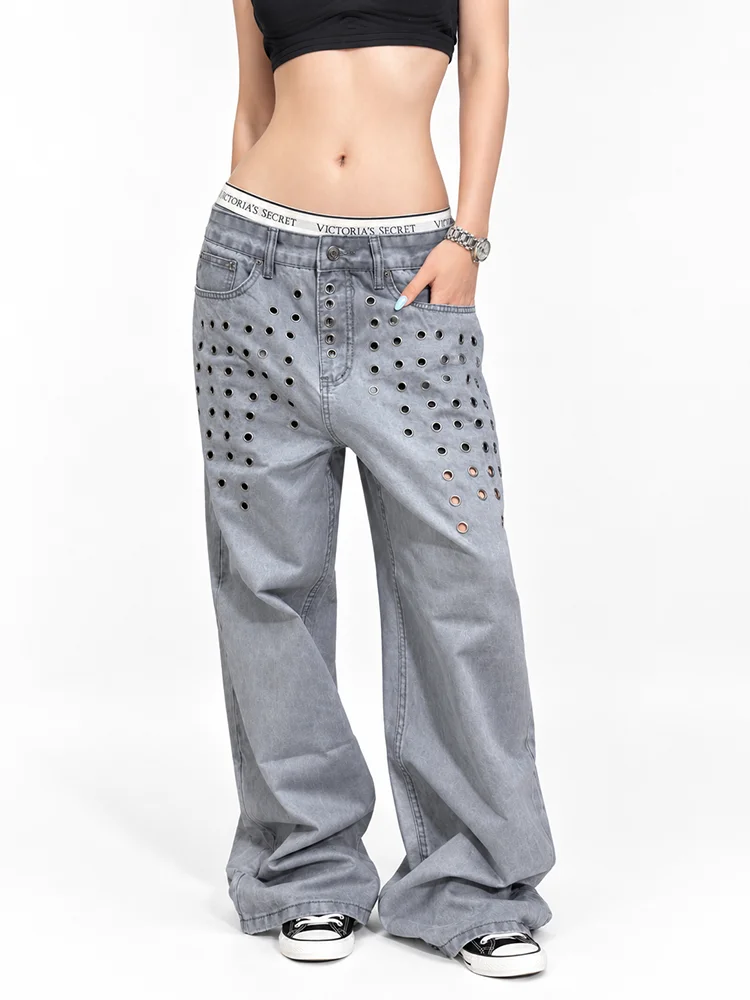 REDDACHiC Women Metallic Eyelets Wide Leg Jeans Vintage Hollow Low Rise Straight Washed Gray Loose Denim Pants Punk Streetwear