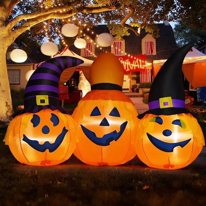 6フィートのハロウィン用インフレータブル屋外パンプキンコンボ、ウィザードハットLED付き、庭のパーティー用デコレーション