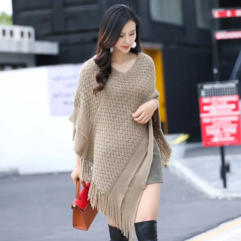 Spring Autumn New Knitted Cloak Coat Female Tassel Loose Thick Pullover Lazy Sweater Smock Shawl Women Fashion Accessories Black