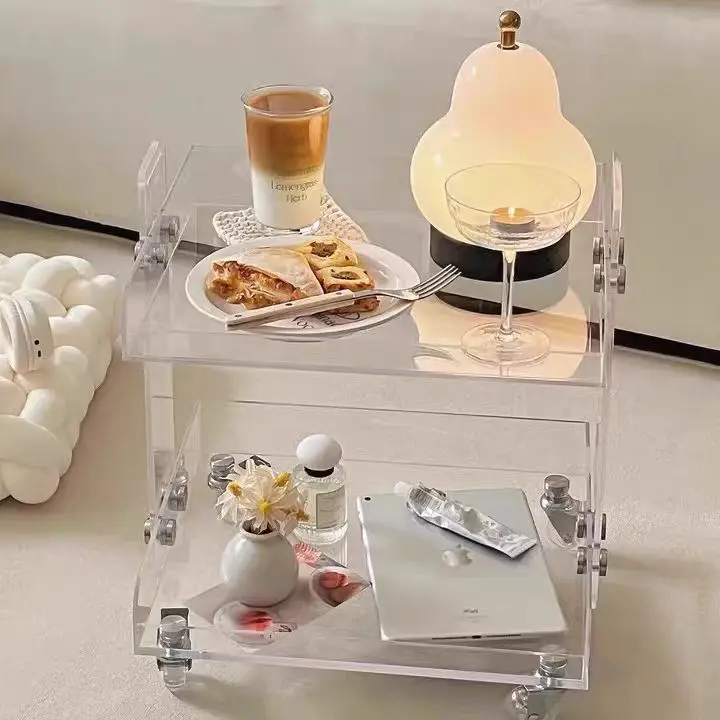 

！@Modern Convertible Transparent Acrylic Foldable Bedroom Side Table Sofa Small Tea Table Movable Storage Cart Living Room Hotel