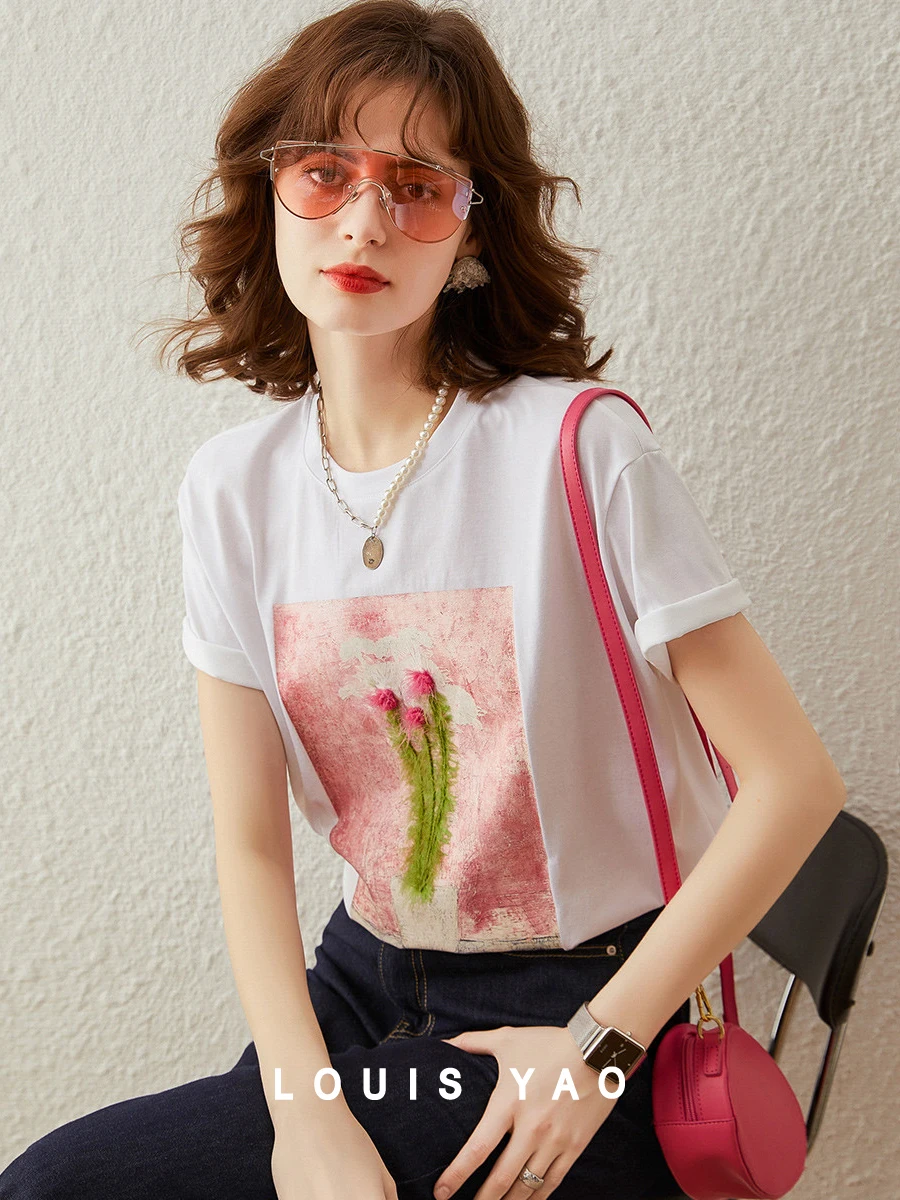 LOUIS YAO Women T-shirt Round Neck Short Sleeve 2024 Summer New Loose Fit Fashionable 3D Print Flower Casual Basic Tops