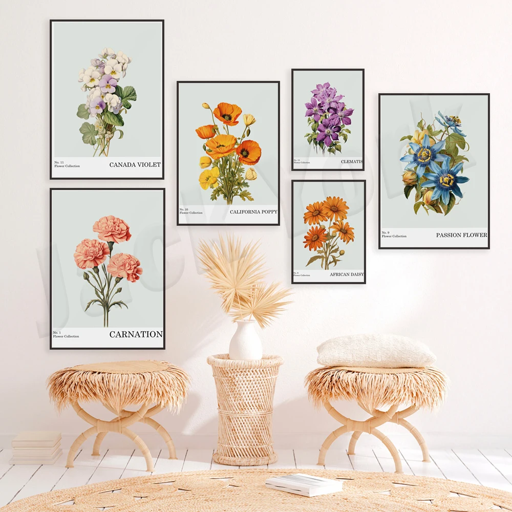 Clematis flowers, carnations, black-eyed Susans, passionflower, violets, daisies, English roses, amaryllis flower market poster