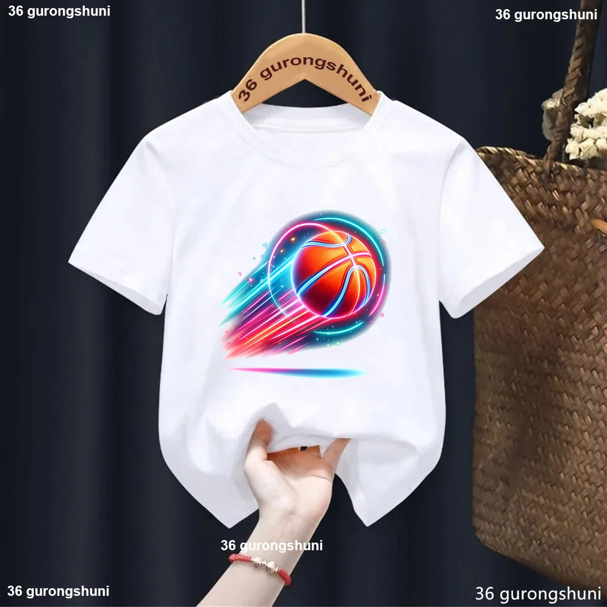 

Funny Neon Basketball Printing Boys Girls T Shirt Tops Fashion O-Neck Kids Short Sleeve Tees Children White/Yellow Tshirt Tops