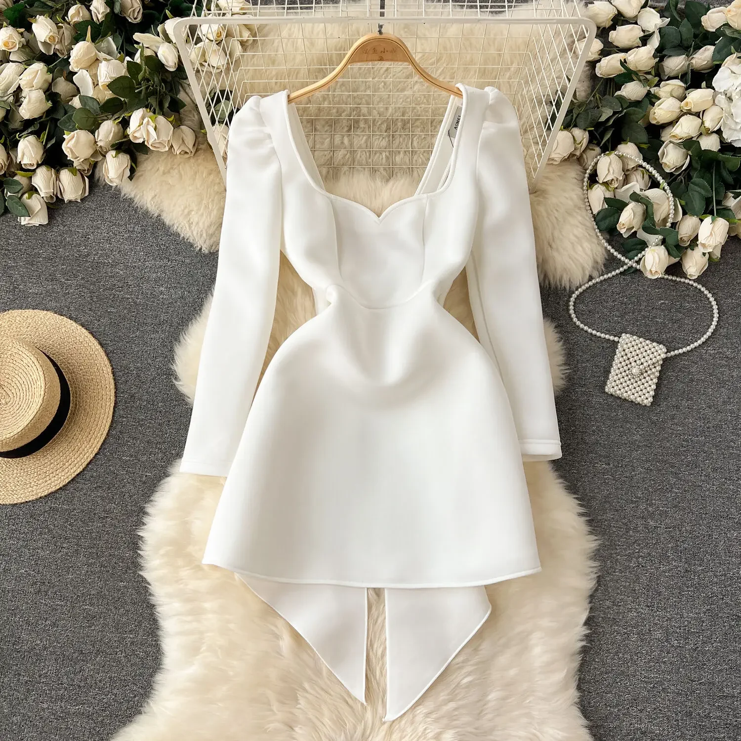 

White Wedding Dress For Women Hollowed Out Backless Bow Decoration Short Dresses Waist Cinched Bubble Long Sleeve Fall Dress