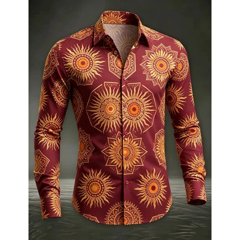 Men's 3D Mandala printed long sleeved lapel shirt, for evening events, music festivals, and mysterious bohemian style dressing