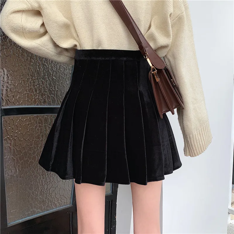 Gold Velvet Black Short Skirt Female Autumn and Winter Wear 2022 New High Waist Skirt All-match A-line Pleated Skirt