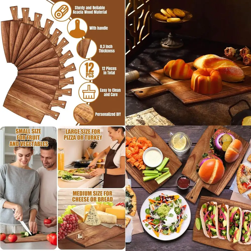 

Acacia Wood Cutting Boards Set - 12 Large Serving Chopping Boards with Handles, Ideal for Kitchen Prep and Gifting (17 x 10 Inch
