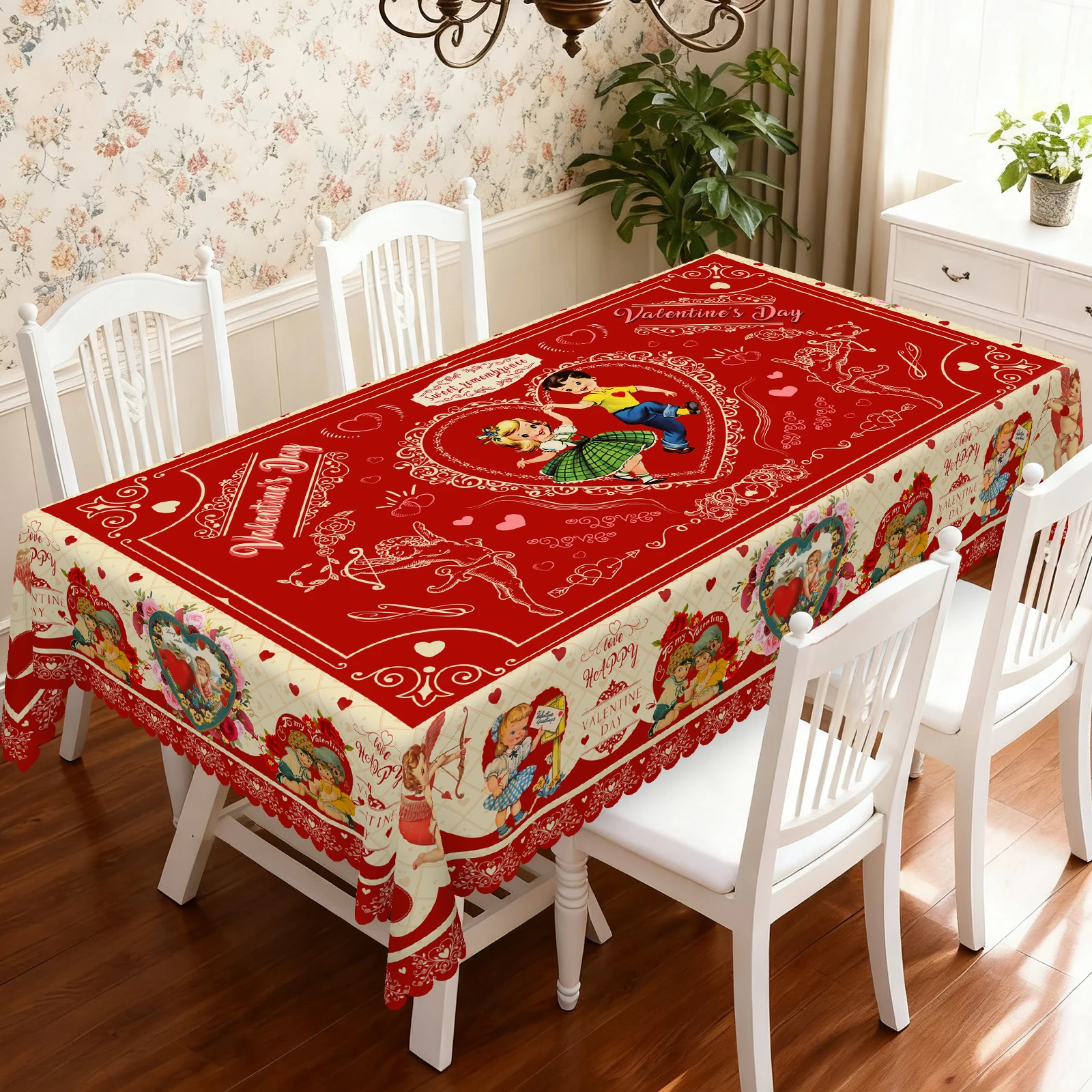 Mantel Romántico con Tema de Cupido, Romántico para Niños y Niñas, Cupido, el Dios del Amor, Corazones, Flores de Rosa y Otros Estampados Florales, Bordes en Relieve, Impermeable, Resistente a las Arrugas, Resistente a la Decoloración, Regalo Perfecto par