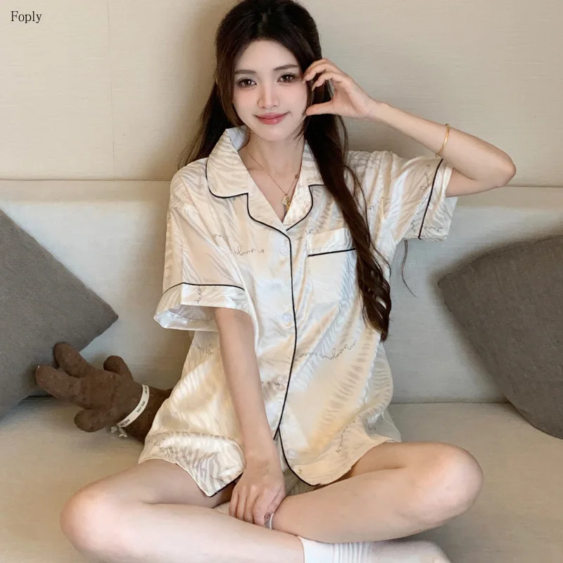 

Zebra Striped Women Pajamas Set Pijama Silk Satin Pyjamas Women Loungewear Short-sleeved Homewear Ice Silk Summer Pajamas Woman