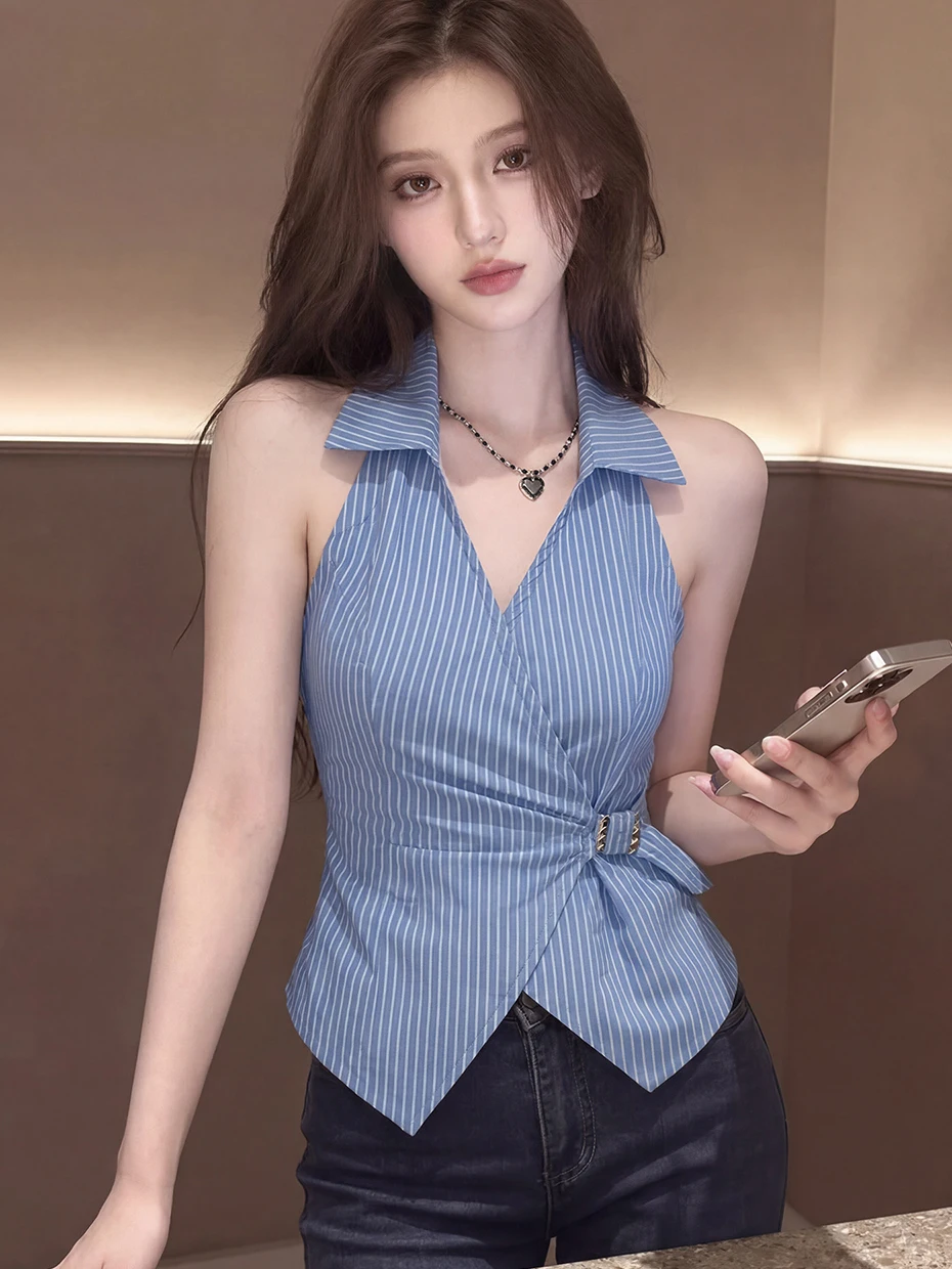 

Уникальная элегантная синяя женская рубашка: модная, роскошная, легкая, асимметричная, с вырезами, воротником-стойкой, без рукавов, из полиэфирного волокна