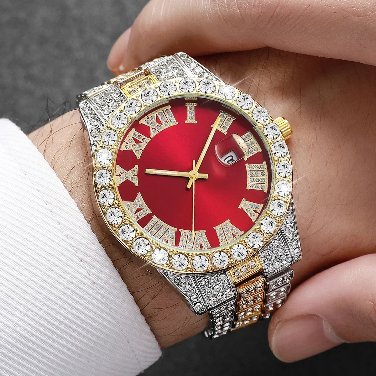 Mystery Blind Box Men Watch Random Iced Out Diamond Quartz Wristwatch Roman Numeral Dial Stainless Steel Band Luxury Male Watch view 5