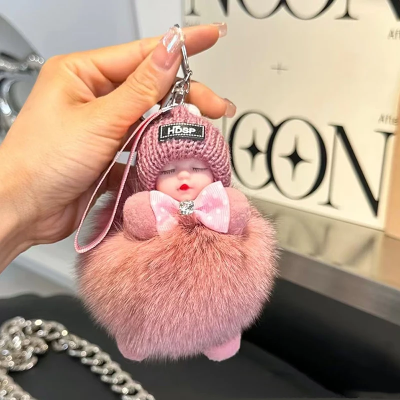 Niedlicher flauschiger Plüsch-Schlafpuppen-Schlüsselanhänger für Damen, Taschen- und Autoschlüsselanhänger, Kawaii-Schlüsselring, Taschenanhänger, Auto-Schmuckanhänger, Geschenk