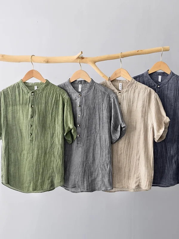 

Textured Fabric Men's Summer Casual irt ort Sve T-irt Stand Fit Breathable 45 Silk Collar Stand up