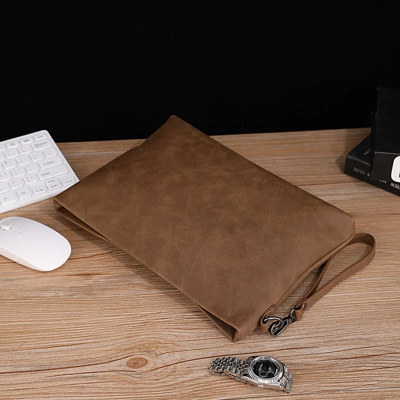 Casual Soft PU Leather Horizontal Square Clutch Bag Coffee Brown Crazy Horse Skin Men's Handheld Bag