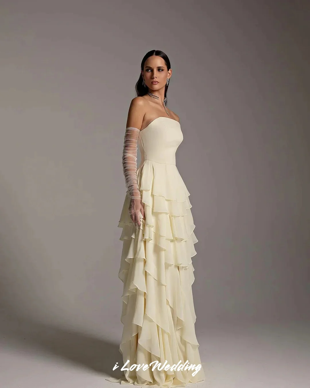 Yellow Strapless Prom Dress 2025 Chiffon Sleeveless Pleated A-Line Tiered فساتين للمناسبات الخاصة Wedding Party Dress Customized