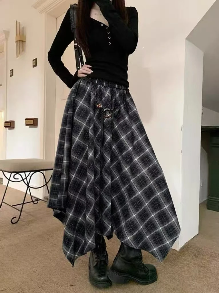 

Асимметричная юбка в клетку в стиле ретро, женская осенне-зимняя новая плиссированная длинная юбка с высокой талией, модная юбка Ci для поездок на работу