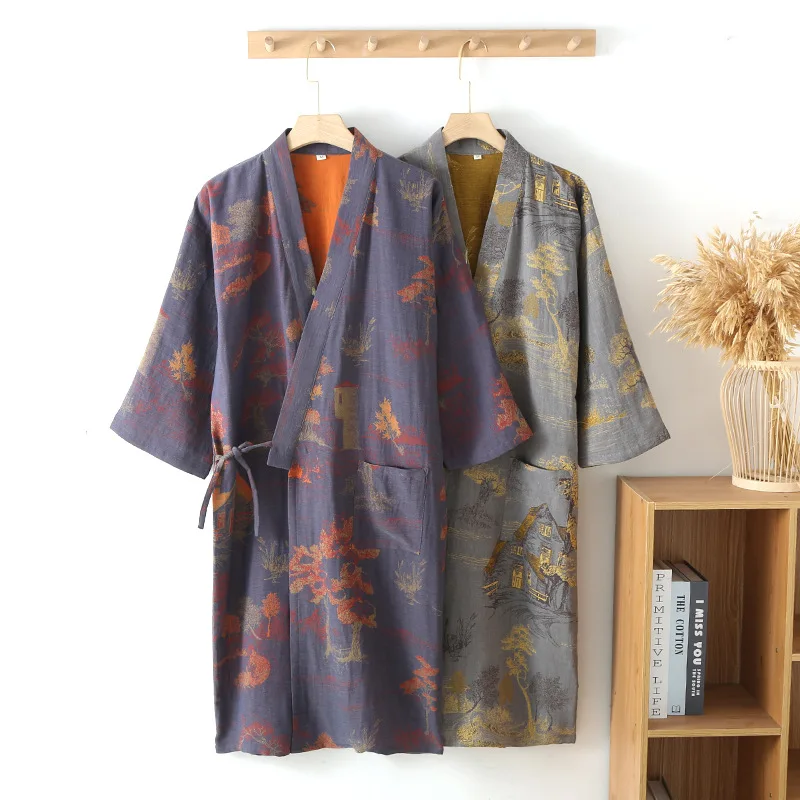 Kimono Robe Cotton Pajamas Spring Summer Loose Double Layer Gauze Men's Bathrobe Floral Print Sleepwear Lounge Gown