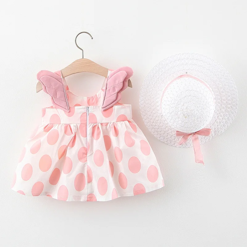Send A Beach Hat Summer Dress for Baby Girl Korean Style Fashion Sweet Casual Wings Polka Dots Toddler Suspender Dress