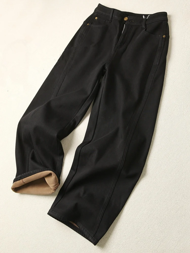 

Теплые повседневные женские джинсы с высокой талией, свободного кроя, прямые, на подкладке, из хлопка, зимние, длинные брюки