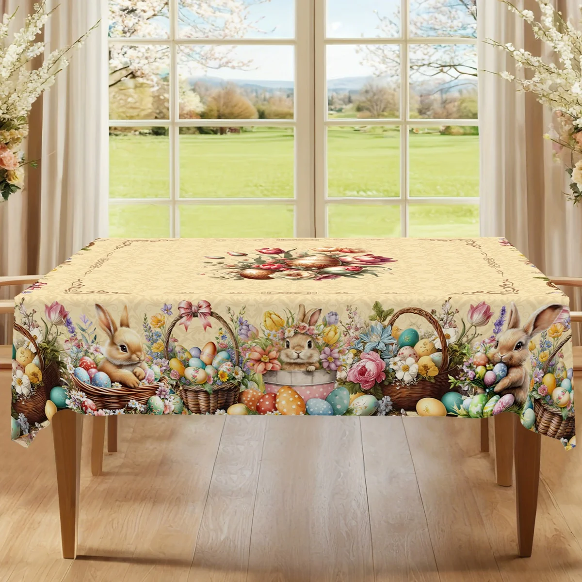 Vintage Easter Bunny Tablecloth Rabbit Eggs Table Cover Easter Decorations for Home Kitchen Spring Holiday Garden Tablecloth