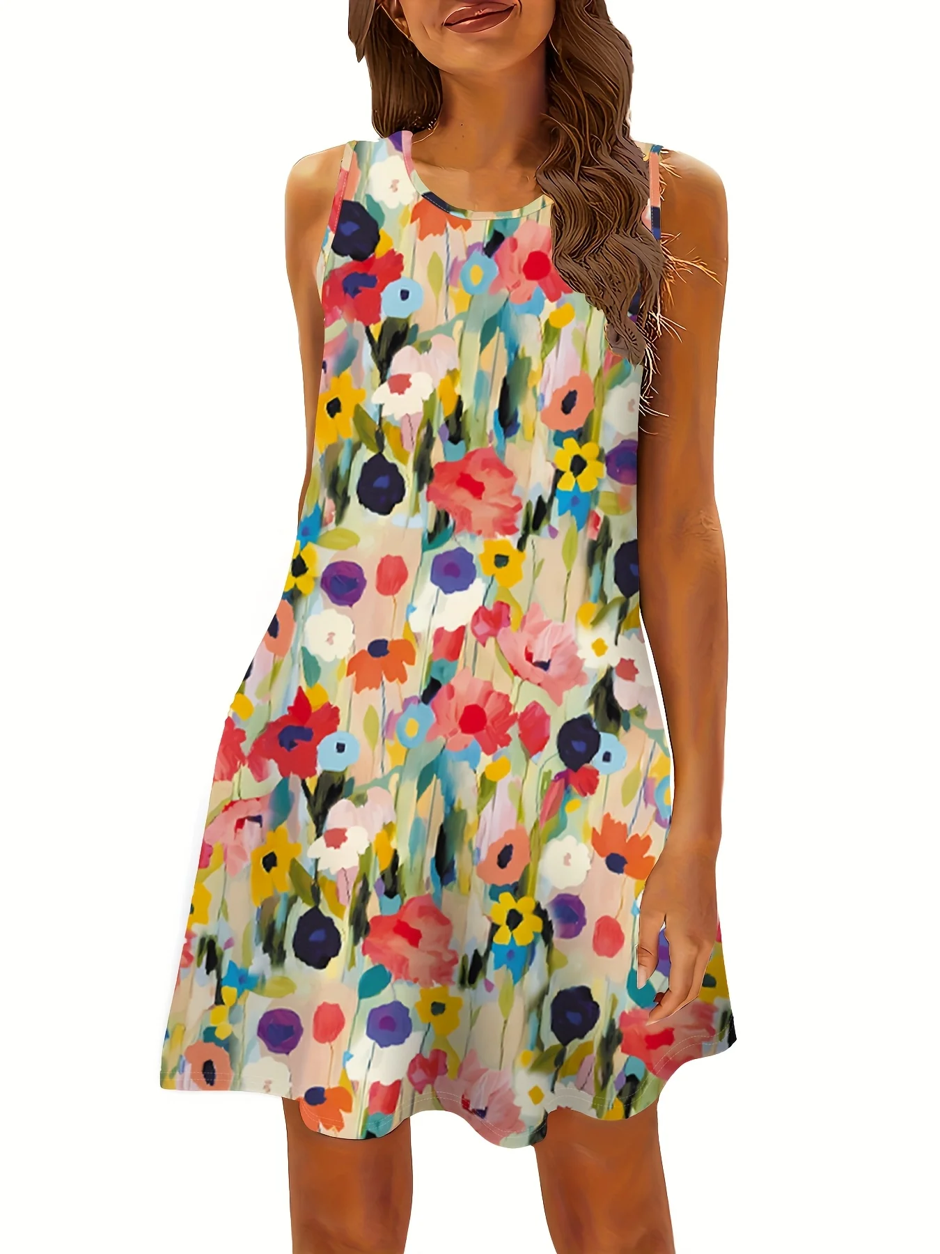 Mini abito fluido da donna senza maniche con scollo rotondo e stampa floreale ad acquerello colorato, casual estivo