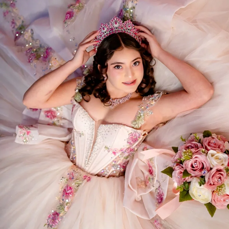 

Light Color Quinceanera Dresses Off the Shoulder Sequin Flower Decal Long tail Big Bow Vestido De 15 Quinceanera Customize