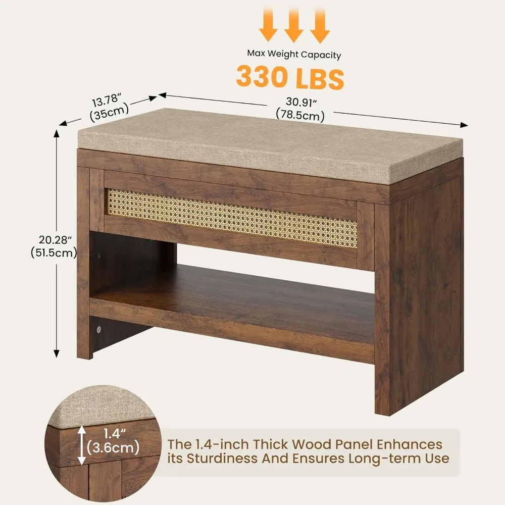 مقعد تخزين أحذية الروطان المبطن، درج ورف مزرعة مقاس 31 بوصة، مقعد منظم مدخل خشبي