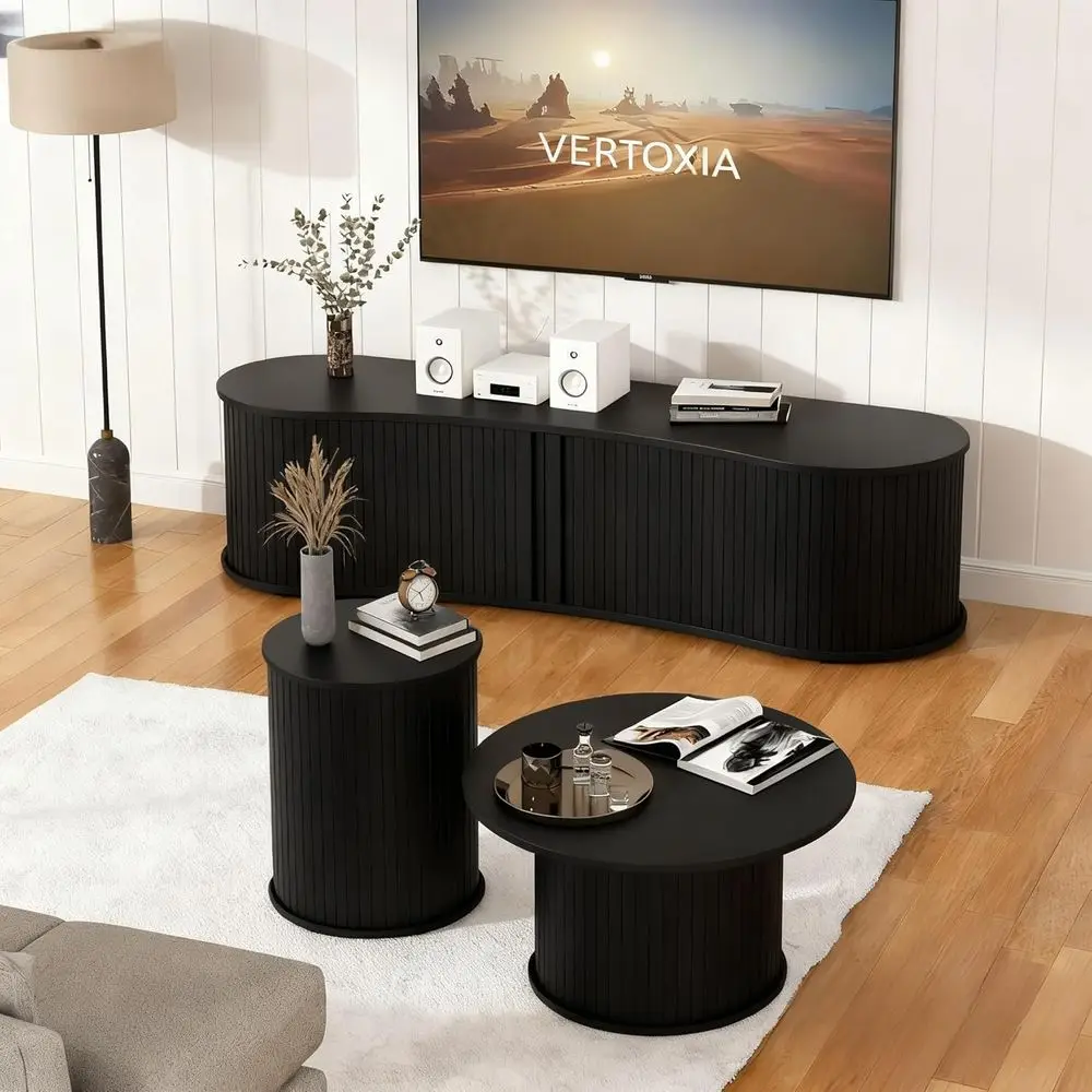 

3-Piece Living Room Furniture Set: Espresso End Table, Coffee Table, 59 Low TV Stand with Sliding Door - Easy Assembly, Black