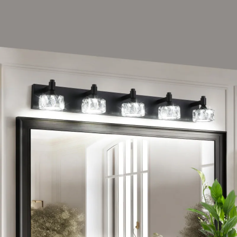 FENGSHUO 5-Light Matte Black LED Vanity Light Fixture With Crystal Glass ShadesBathroom Wall Sconce For Elegant And Contemporary