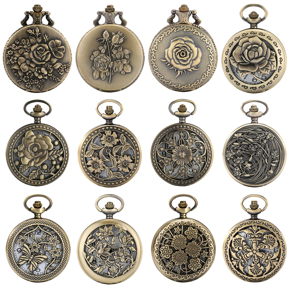 

Винтажные бронзовые цветы, кварцевые аналоговые карманные часы, подарок для мужчин и женщин, ожерелье, кулон, карманные часы, арабские цифры, циферблат, ретро часы