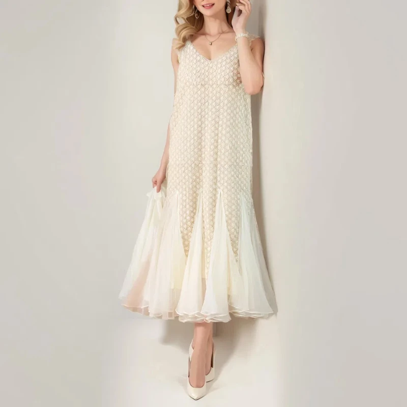 

Lady Holiday Style Long Sleeveless Backless Dress 2025 Summer New V Neck Sling Flower Splicing Mesh Dress For Women