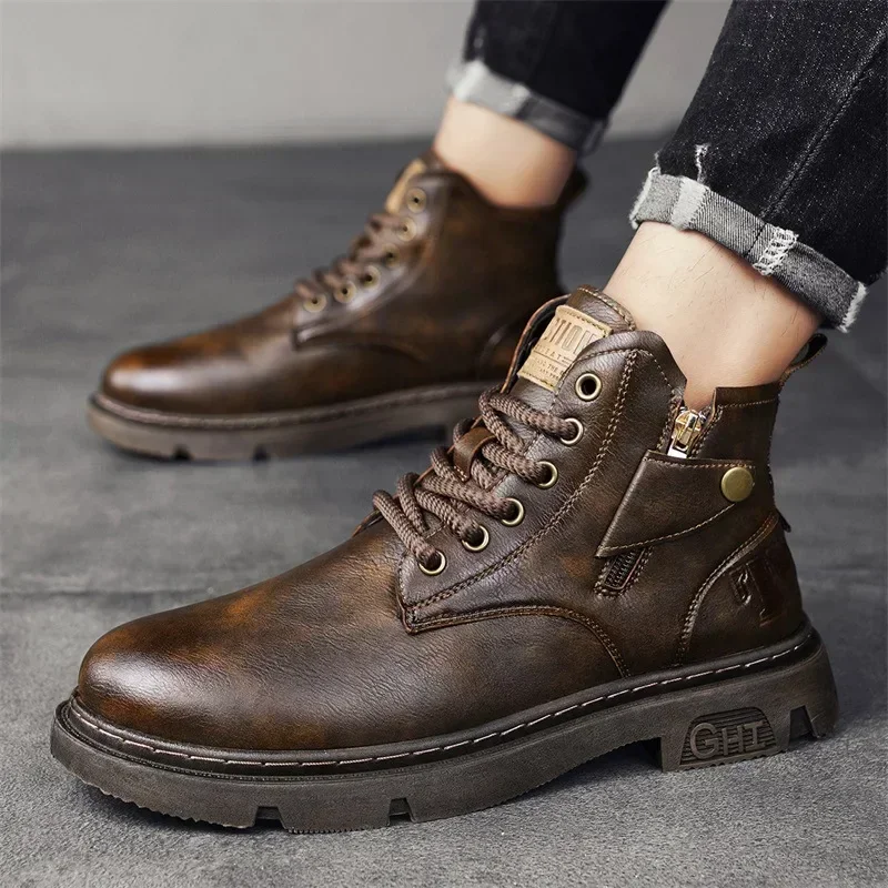 Men\'s Biker Boot Winter Outdoor Motorcycle Retro Style Leather Boots Man High Top Casual Shoes Trendy All-match Wear-resistant88