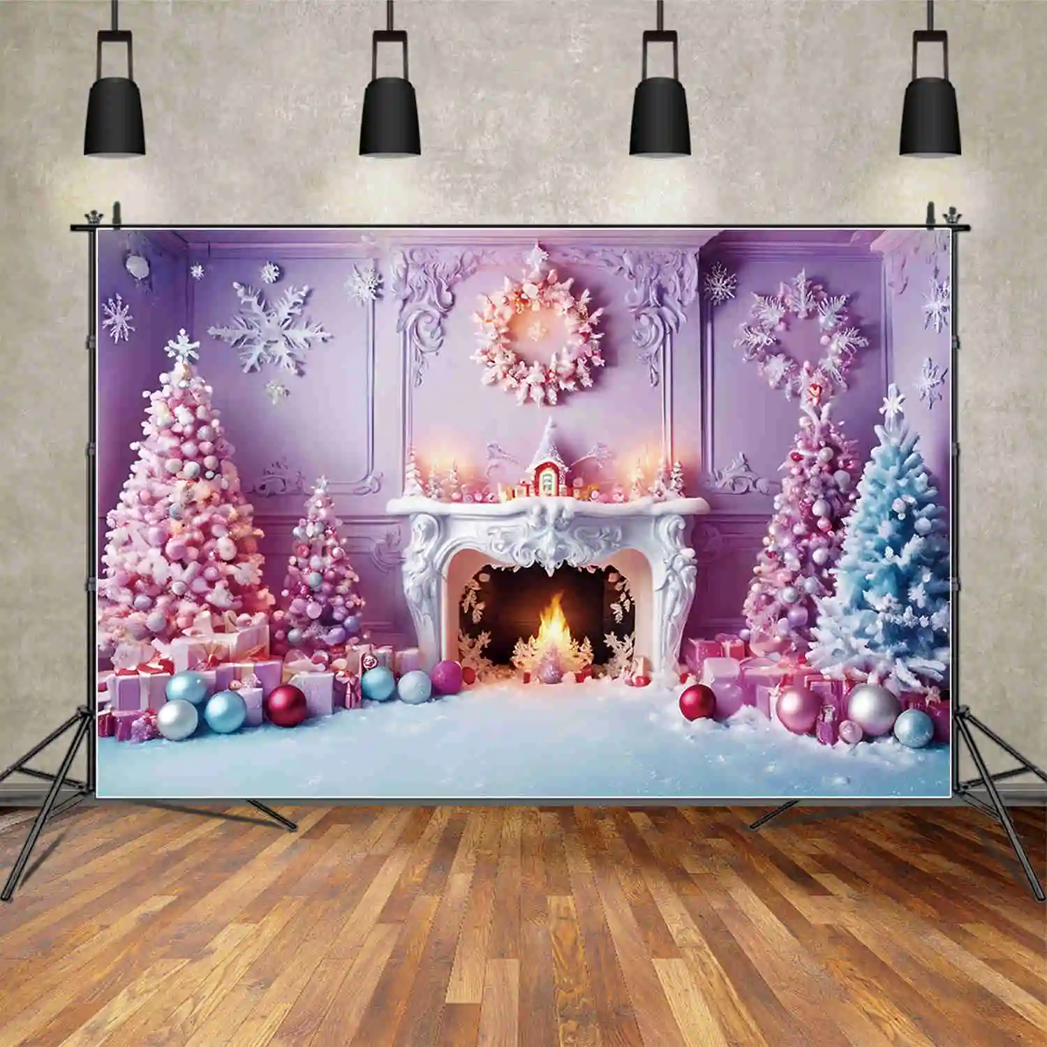 MOON.QG Christmas Tree Christmas Trees Backdrops Ornamented Western Purple Snow Background Party Decoration Photography Props